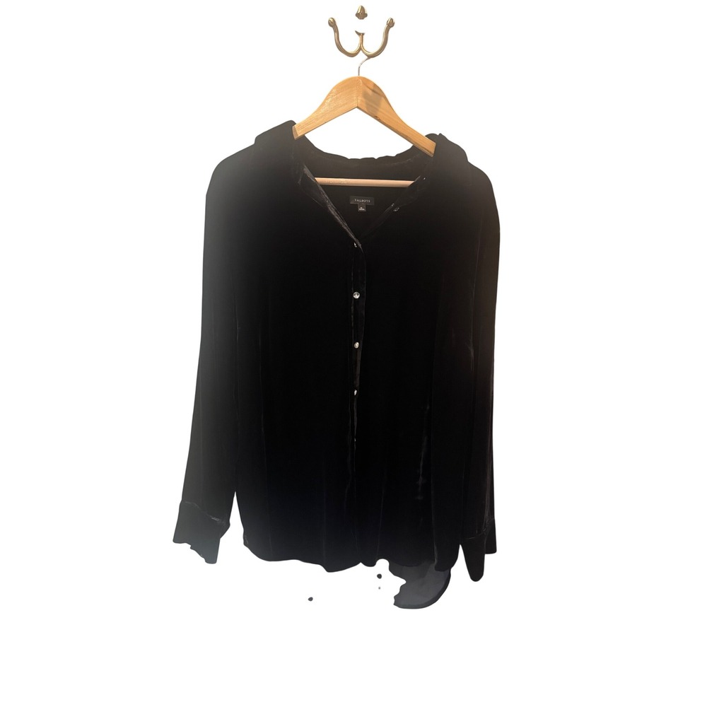 Talbots Womens Black Velvet Rhinestone Button Down Shirt High Low Hem XL